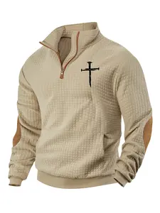 Men's cross-print plain color waffle weave hoodie, long-sleeve stand-up collar pullover, Jesus cross print, quarter z design, winter hoodie, daily holiday wear, street style casual outfit, suitable for spring, autumn and winter seasons.