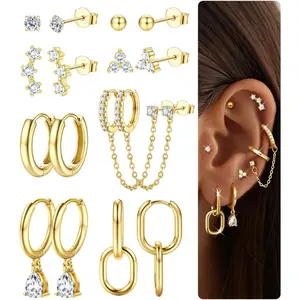 LOLIAS Gold Hoop Stud Earring Stacks for Women - 14K Gold Plated Chain Cartilage Earrings Cute Hypoallergenic Silver Huggie Earrings Sets for Multiple Piercing Jewelry Lightweight 8Pairs