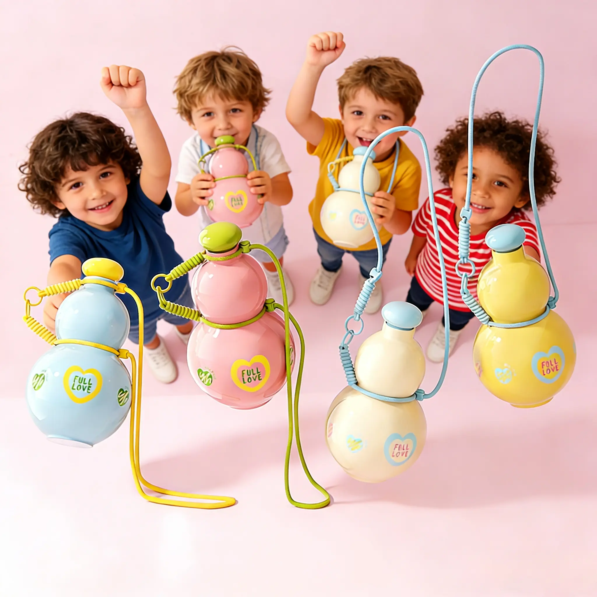 Vibrant Cream White Durable Gourd-Form Plastic Big-Belly Kids' Water Bottle, 500-1000ml Large Capacity, Leak-Proof Reusable Drinkware with Adjustable Straps for Girls, Carry It Hands-Free, Washable for Home, School
