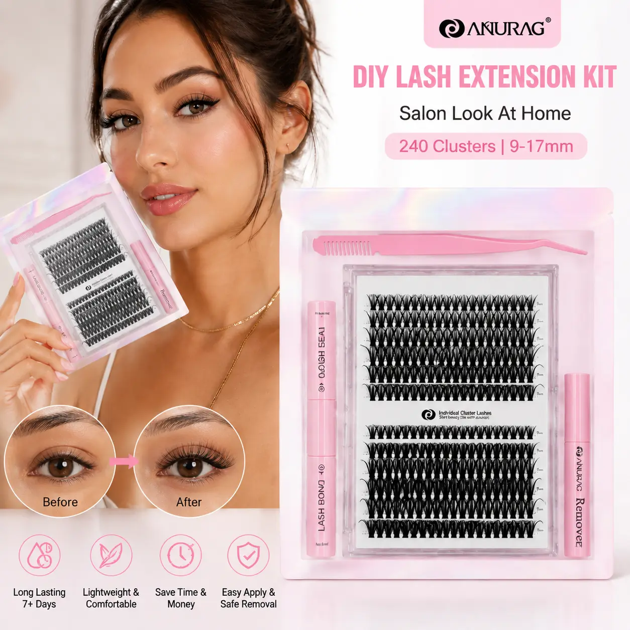 DIY Lash Extension Kit with Gentle Remover, 240 Pcs Clusters D Curl 9-17mm Up to 7+ Days Wear Salon Look at Home, No Lash Damage Eyelash Adhesive and Sealant and Eyelash Tweezers for Beginners to Extend Eyelashes at Home Eyelashes Flawless must-have campi