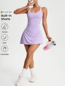 AESS Women Square Neck Pleated Sleeveless Solid Color Casual Fitness Sports Dress Athletic Dress