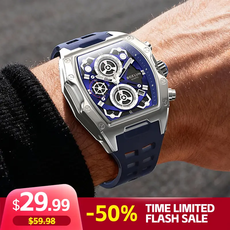 BOZLUN Fashion Men's Autoglow Glow-in-the-Dark Quartz Watch - Racing Style, 3D Gear Dial, 3ATM Water Resistant, Wine Barrel Design, Silicone Strap, Stopwatch, Calendar, Red-and-Black Contrast, New Year's Gift Watch, Autoglow Quartz Watches, Glow-In-The-Da