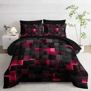 Geometric Pink Black Twin Comforter Set,Light Bedding Set 7 Piece in A Bag,Bed Sheet Set,Microfiber Lightweight All Season