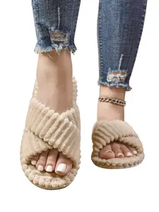 Women's Plush Slippers with Cross Straps, Indoor Home Use, Eva Sole, All Seasons, Casual Style, Textile Upper, Less Than Ankle Height