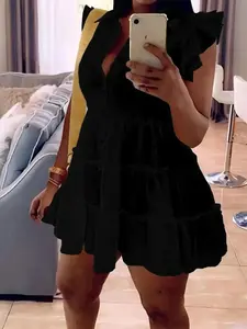 [Plus Size] Solid Ruffle Trim Tiered Layer Shirt Dress, Casual Cap Sleeve Collared Dress for Summer, Women's Clothes for Daily Wear, Casual Everyday Wear, Casual Chic Dress