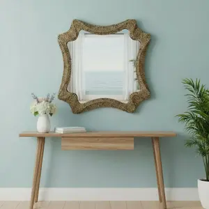360 Stand Irregular Decorative Wall Mounted Mirror, 38x36.5in Brown Abstract Floating Rope-Framed Accent Mirror, Coastal Home Decor, Easy Mount Installation, High-Quality Glass, Asymmetrical Wall-Mounted Mirrors