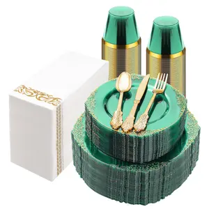 Goodluck 350-Piece Elegant Disposable Tableware Set Clear Green Gold Trim Plates with Silverware Cups & Napkins for Weddings Christmas Parties Thickened PP Plastic High Quality BPA-Free