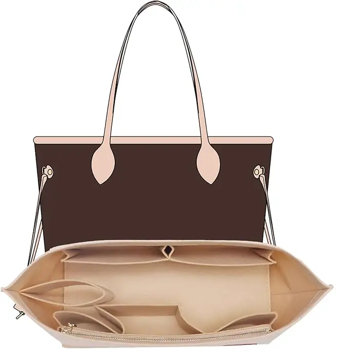 Longchamp Felt Rectangle Multi-Pocket Bag Organizer Insert for LV Neverfull MM - 10 Pockets, YKK Zippers, Cup Holder, Pink Liner Shaper, Zipper Pouches, 11.8"Wx5.5"Dx6.7"H Large Tote Travel Accessory (Sports & Outdoor Camping & Hiking Bivy Bag Accessory),
