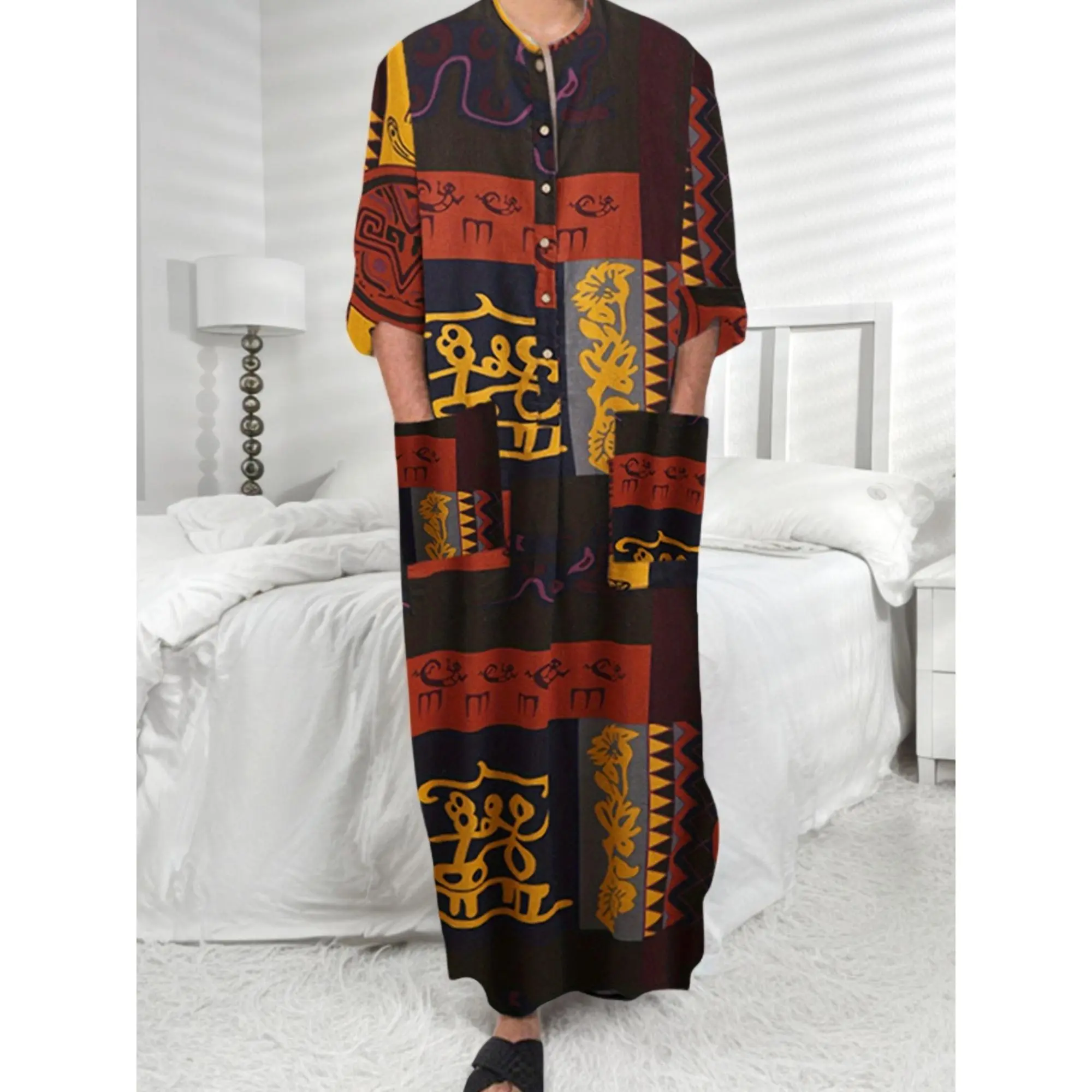 Men's Pure Cotton Woven Casual Crew Neck Long Sleeve Geometric Print Muslim Thobe Kaftan Robe Set, Arab Wear with 1 Button Pocket, Machine Washable, Loose Fit, Multi-Size (Asian XXXL, XXL) for All Seasons