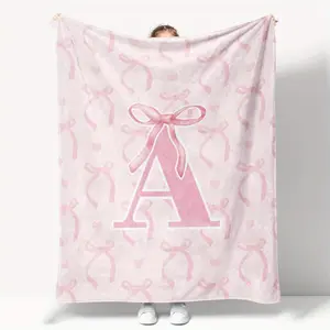 "Personalized Pink Ribbon Monogram Blanket, Soft Flannel with Initial  for Baby Girls and Home Decor"
