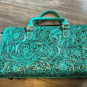 Medium 11 in Turquoise Leather Tooling Bag with Intricate Floral Embossing and Durable Handles for Stylish Storage