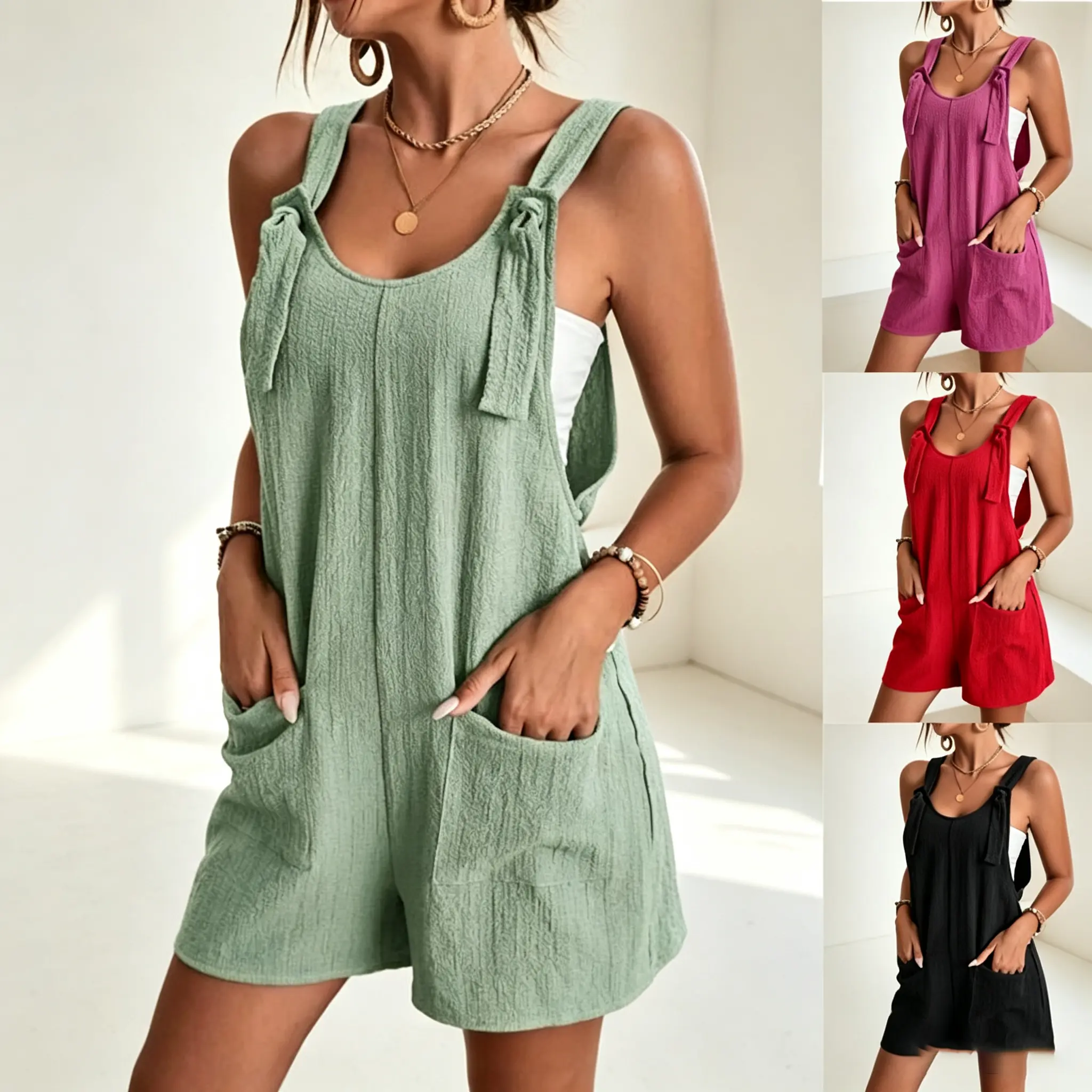 Women's Casual Tie-Shoulder Romper, Loose Sleeveless Overall Shorts with Large Pockets, Cute Summer Cottagecore Outfit Womenswear