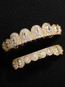 2pcs/set 14K Gold Plated Colorful Zircon Full Grillz Set, Gold/Silver-Tone Luxury Hip Hop Accessory, Suitable For Streetwear & Statement Looks, Gift For Fashion Enthusiasts (Unique Craft, Actual Item May Vary)