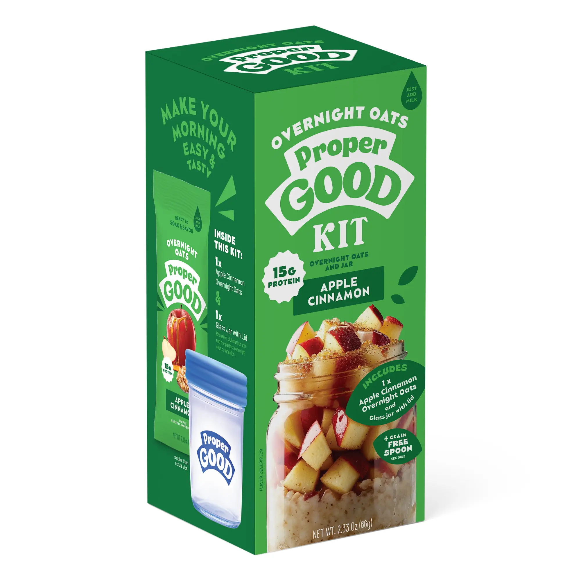 Apple Cinnamon Overnight Oats Kit with Reusable Jar - Easy High Protein Breakfast, Ready in 80 Seconds, Made with Clean Ingredients, Instant Oatmeal