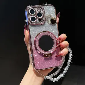 Sparkling Rhinestone Mirror Stand Protective Shockproof Phone Case Cover with Beaded Bracelet, Anti-Drop Protection for iPhone Models 17 Pro Max to 11 Series