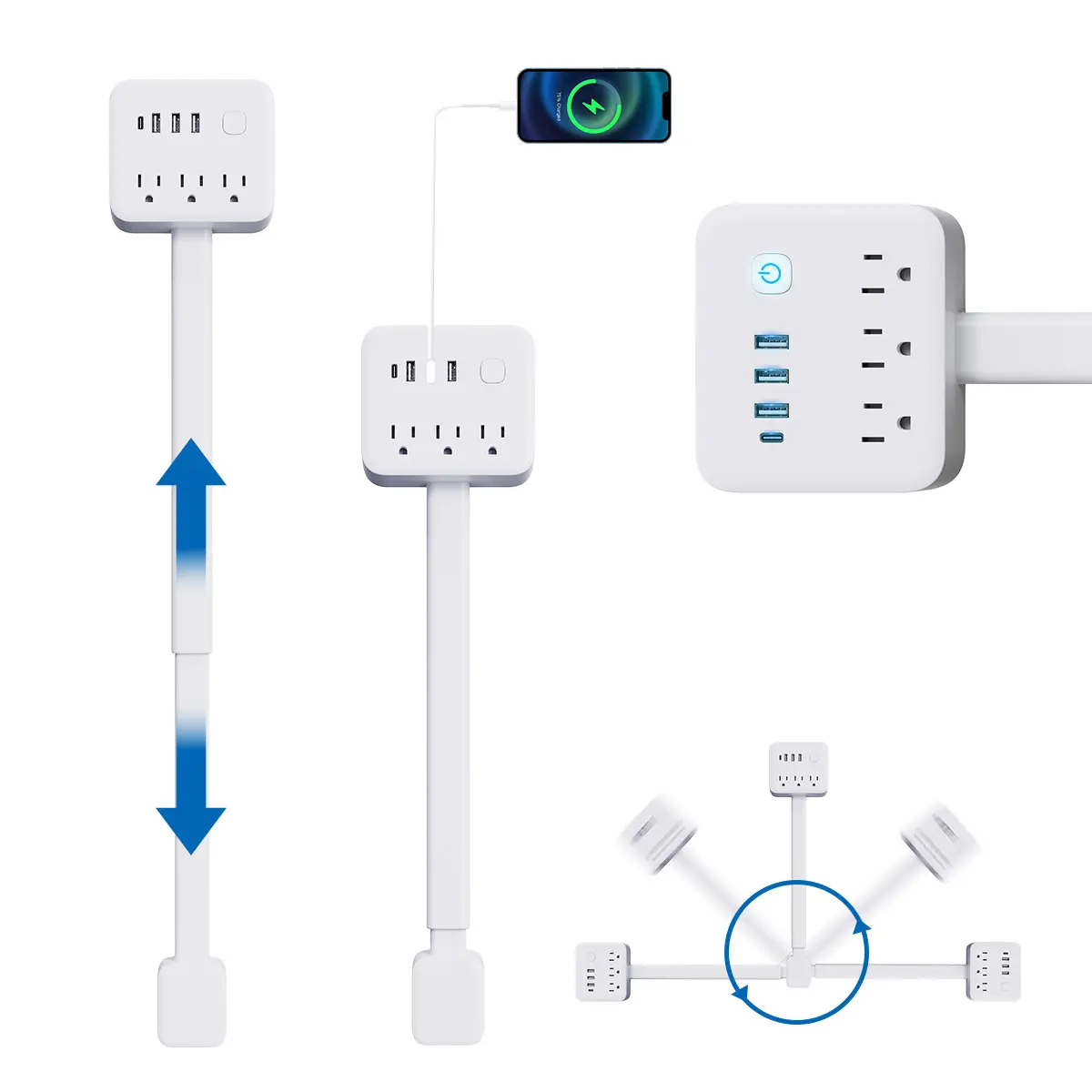 [Security Upgrade]Outlet Extender Stick for Behind Couch Outlets, 17.52"–25.6" Extendable Electrical Outlet Extender with Rotating Flat Plug,Hook & Loop Mounting— Power Socket Expander with Safety Switch & Surge Protection, 3 AC Outlets, 3 USB-A + 1 USB-C