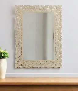 212 MAIN 47 in. Antiqued White Painted Wooden Carved Scrollwork Decor Glass Accent Mirror, Wall-Mount Home Improvement Bathroom Fixture, Paint, Installation
