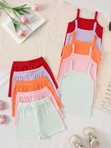 Baby Girls' 10-Piece Set, Baby Clothing Gift Set, Ice Silk Material Ribbed Texture Striped Solid Color Soft Comfortable Tank Top Shorts, Ideal for Daily Wear Clothes