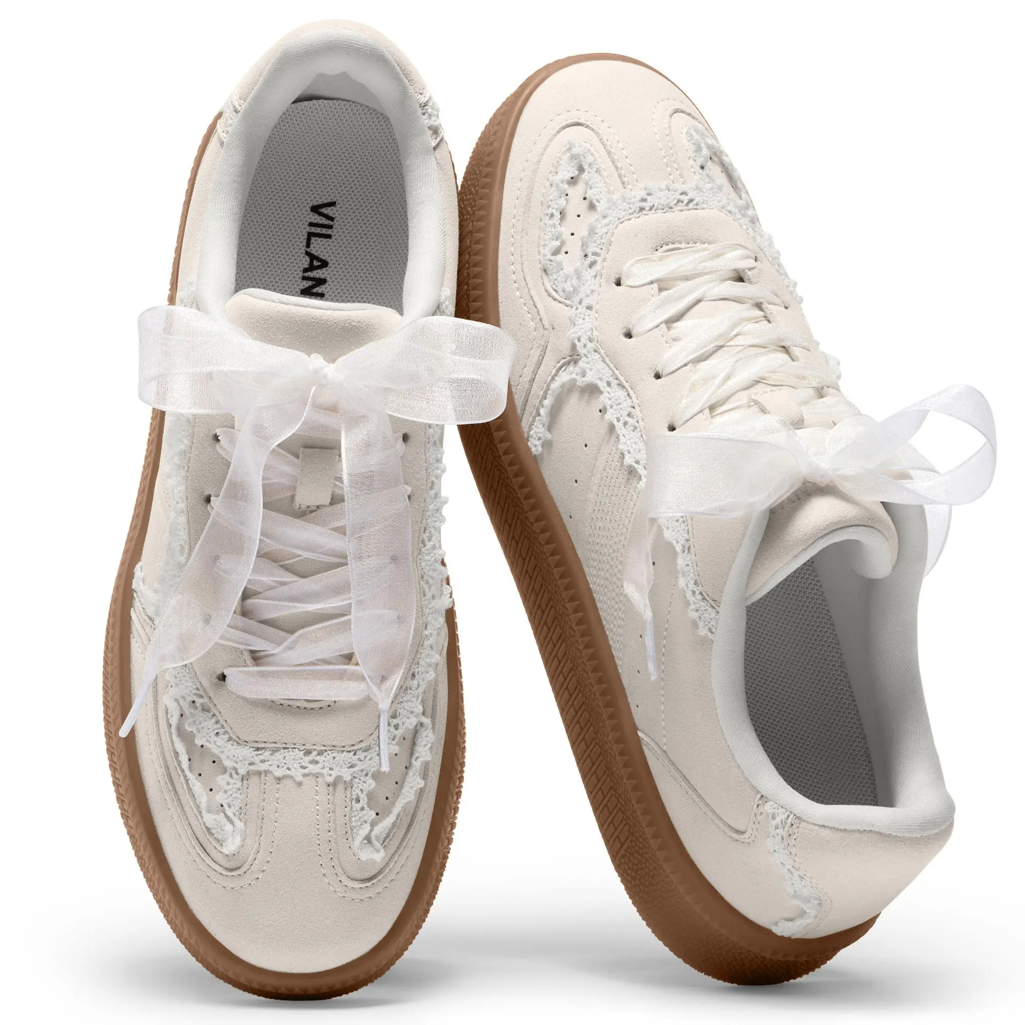 Vilanva Women's Lace Detail Faux Leather Fashion Sneakers - 2-Way Lacing, Gum Sole, Soft Foam Cushioning - Traveling Casual Trainers, Shoes for Women, 2026 Footwear Fashion, Lace Bow Casual Trainers, Women's Shoes