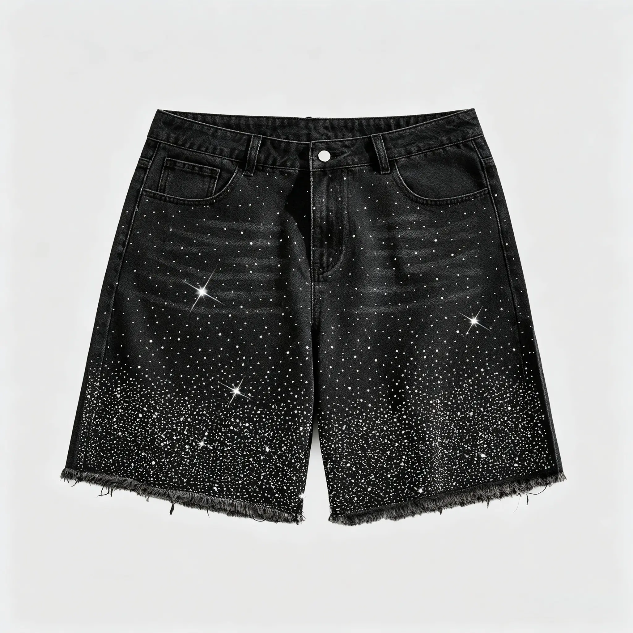 Men’s summer black denim shorts featuring a fashionable rhinestone design; loose streetwear shorts with sparkling rhinestones and a distinctive distressed look—ideal for everyday casual street fashion wear.