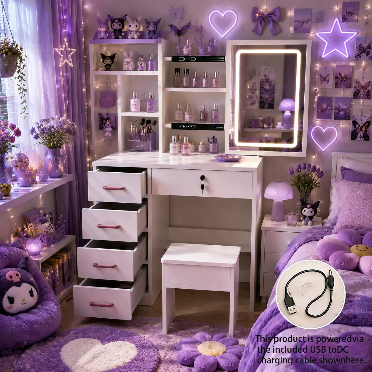 Space Saving All-in-One Dressing Vanity Table 31.5in Wide 52.4in Tall White LED Mirror Makeup Desk, 5 Drawers Open Shelves + 14.2×9.4×15.7in Cushioned Stool for Small Bedroom & Dorm