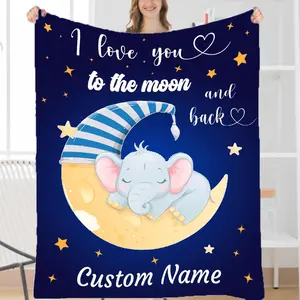 Personalized Baby Blankets for Girls with Name Custom Baby Blanket for Boys Personalized Baby Gifts Moon Star Customized Elephant Baby Blanket Soft Cozy Fleece Throw Bed Quilt for Newborn XS for Baby