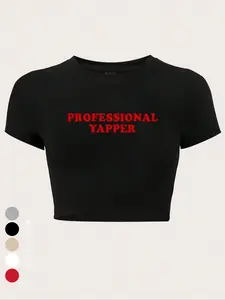 Women's Letter Print Round Neck Crop Tee, Casual Cropped Tees, Casual Short Sleeve Crew Neck T-Shirt for Summer, Streetwear Tops for Women, Graphic Top, Daily Wear Tops