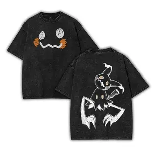 Mimikyu Halloween v2 Oversized Anime Double Printed Acid Washed Top Graphic Tee Shirt Clothes Fan T-shirt Vintage Digital Print classic  rock moon  rocks macco