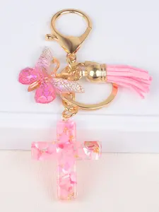 Resin Cross Keychain Charm, Trendy Cute Keychain, Stylish Keychain, Shell Stone Car Bag Decoration, Butterfly Fringe Pendant, Unisex Gift Accessory, Cute Style, Keychain Kawaii