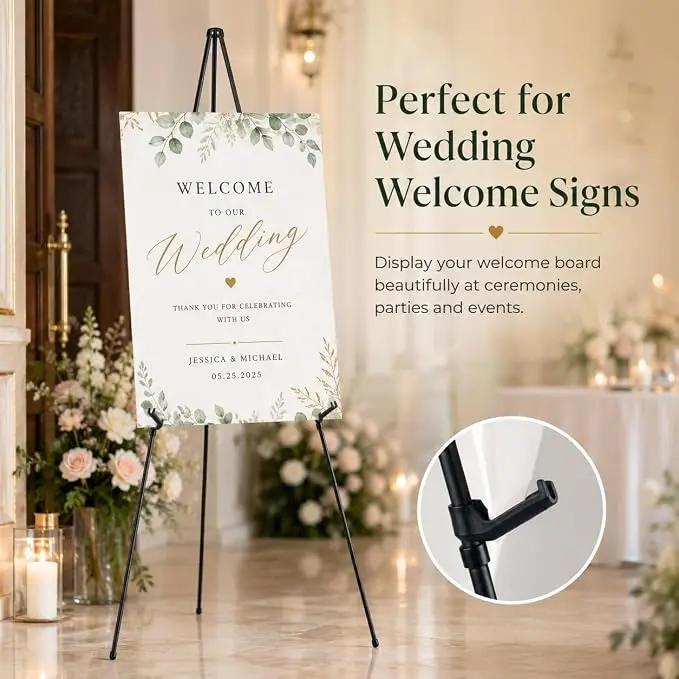 63-Inch Sturdy Folding Easel Stand - Elastic Height-Adjustable Metal Tripod with Carry Bag for Event Display, Sign, Floor Use, Instant Fold, Reinforced Metal