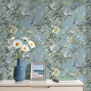 Vintage Peacock Bird Wallpaper Peel and Stick, Mould-Proof Boho Floral Wall Decor, Elegant Blue Botanical Pattern for Living Room