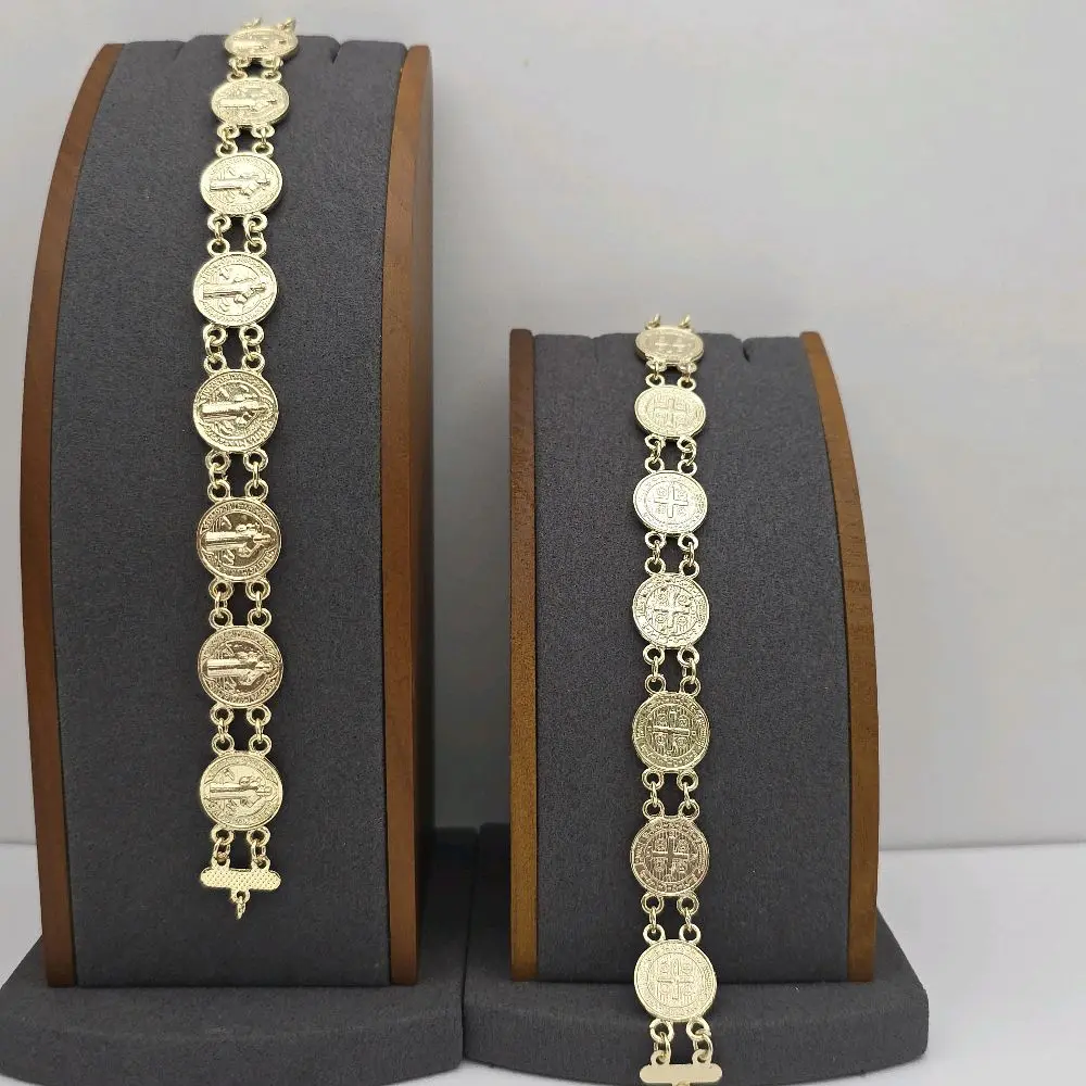 SAINT BENEDICT religious  set 2  coins  bracelets style gold-plated 7 ½inches