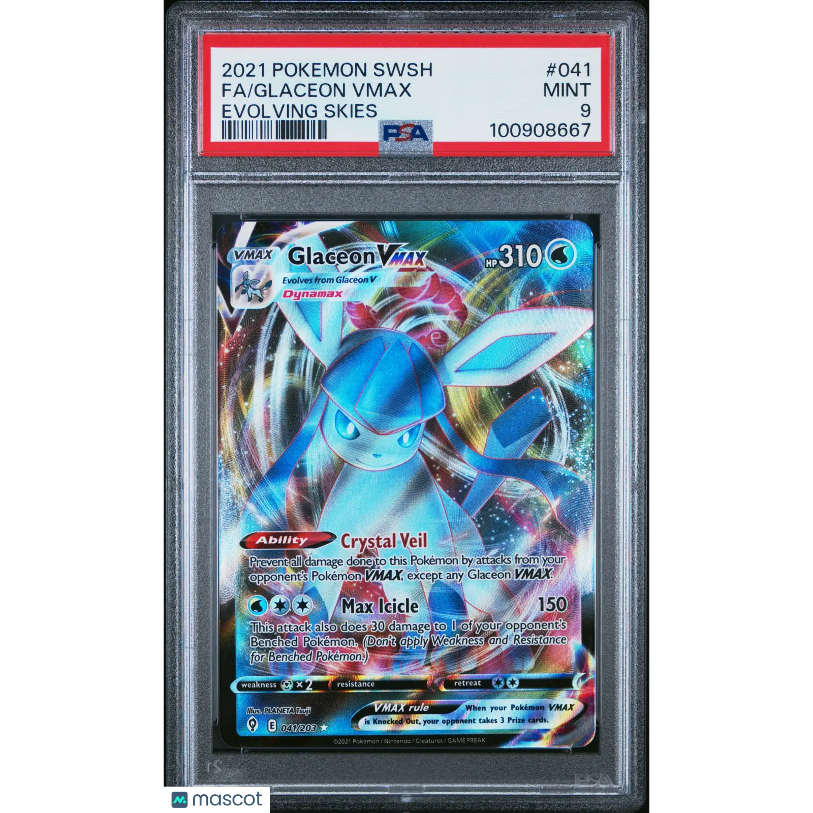 2021 POKEMON SWORD & SHIELD EVOLVING SKIES #041 FULL ART/GLACEON VMAX PSA 9