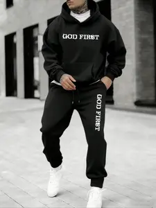 Men's Plus Size Hoodie Set with God First Pattern, Graphic Tracksuit, Street Style Sportswear, Hooded Sweatshirt and Pants, Casual Fashion