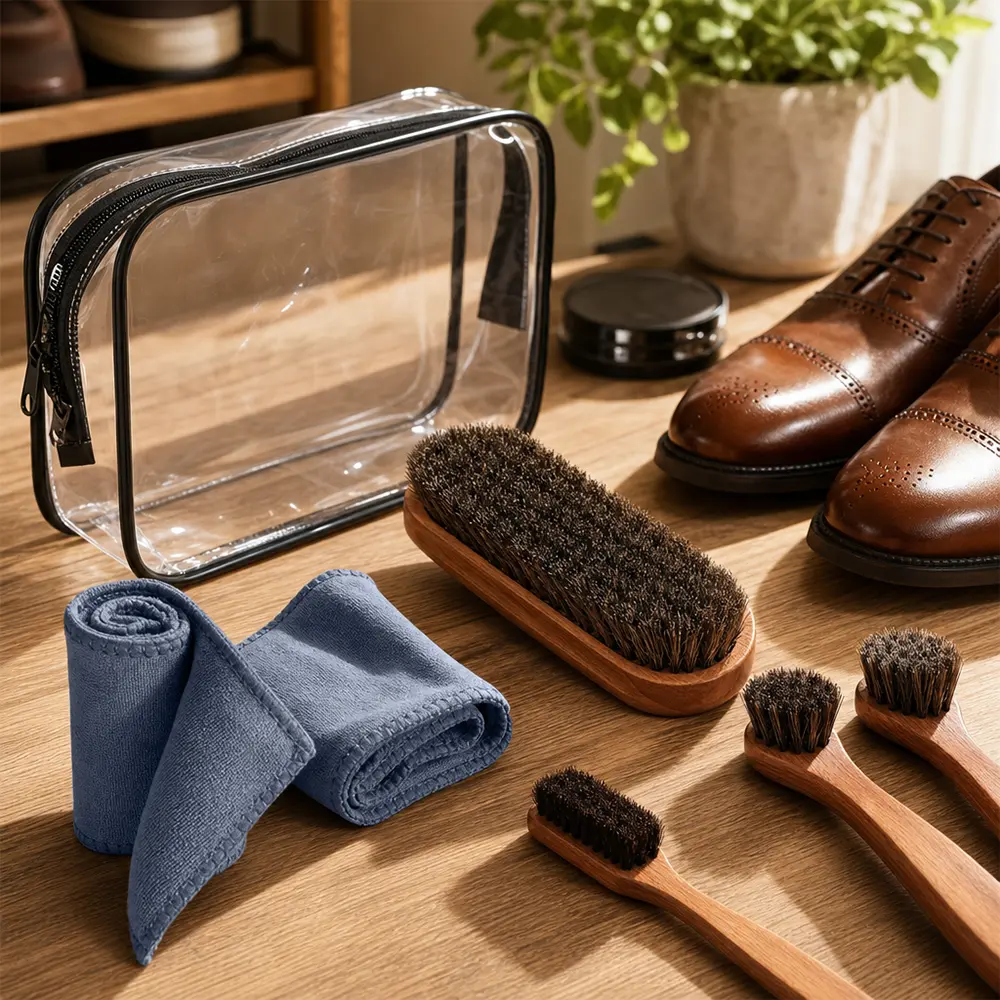 7-Pc Horsehair Bristles Multi-Brush Shoe Shine & Cleaning Kit - 4 Brushes, Dauber, Applicator, Includes Cloth - For Leather, Suede Boots - Home Shoeshine Essentials, Daily Care, Multi-Brush Kit