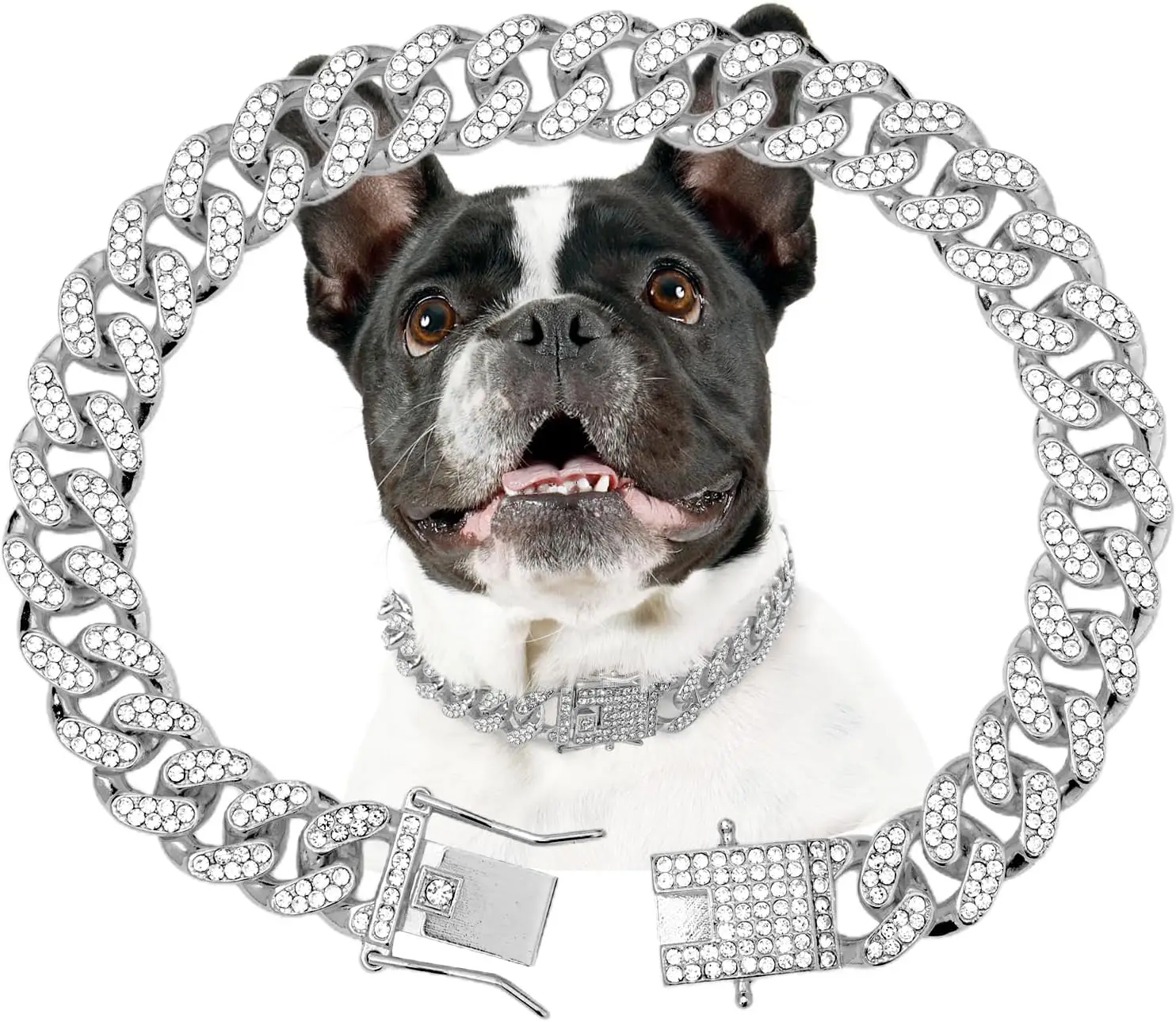 Dog Chain Collar Silver Dog Necklace Diamond Cuban Link Dog Collar 13mm Wide Metal Pet Cat Dog Chain Crystal Collar Jewelry Accessories for Large Medi