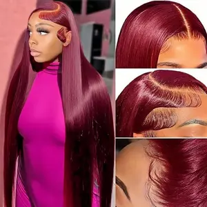 SummerVibes 13x6 200 Density 99J Burgundy Lace Front Wigs Synthetic Hair 30 Inch HD Transparent Straight Pre Plucked Wine Red Frontal Wigs for Women Beginner Friendly Bleached Knots Soft Easy To Care Fit Well Summervibes outdoorfun front wig pre