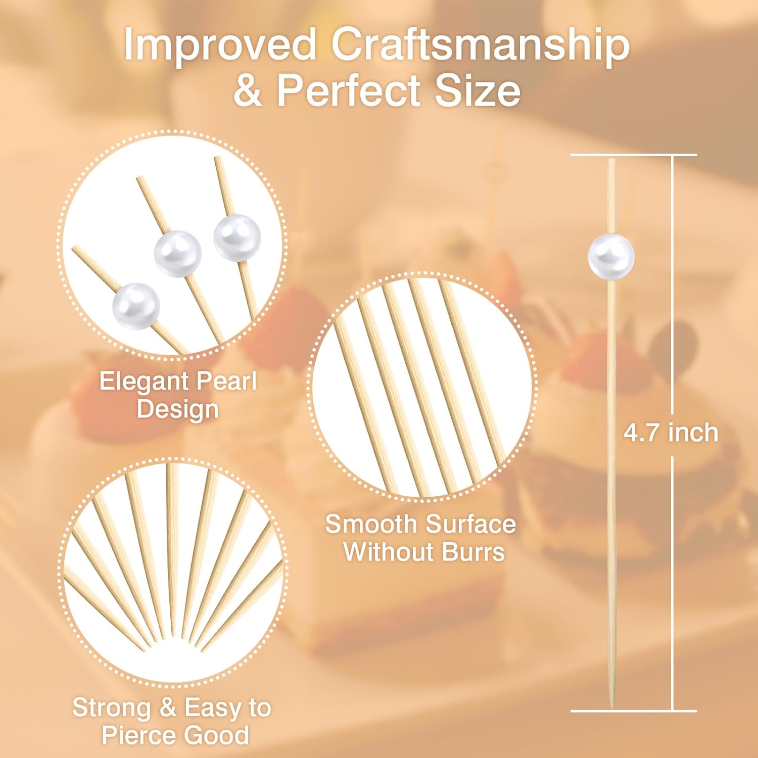 200 PCS White Pearl Cocktail Picks 4.7 Inch Bamboo Toothpicks for Appetizers, Drinks & Elegant Party Food Presentation