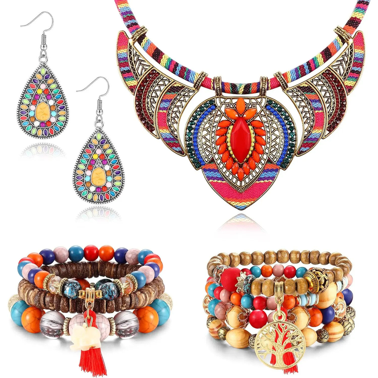 Sanfenly Women's 5-Piece Boho Alloy CZ Jewellery Gift Set - Matching Bohemian Folk Jewelry Set with Ethnic Motifs, Beach Necklace, Multi-Layered Stretch Beaded Bracelet, Vintage Drop Earrings, Matching Jewelry Set