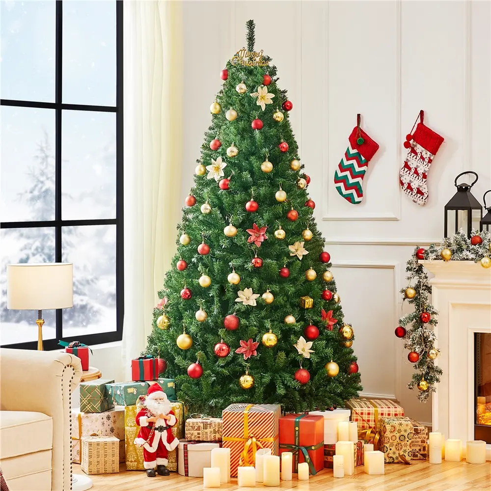 Costoffs Multi-Size PVC Pre-Lit Artificial Christmas Tree - 4.5/6/7.5/9FT, Kid-Friendly, 28.8 lb, Multicolored LED 9 Lighting Modes, Hinged Fir Tree with Foldable Metal Stand for Holiday Home Decor