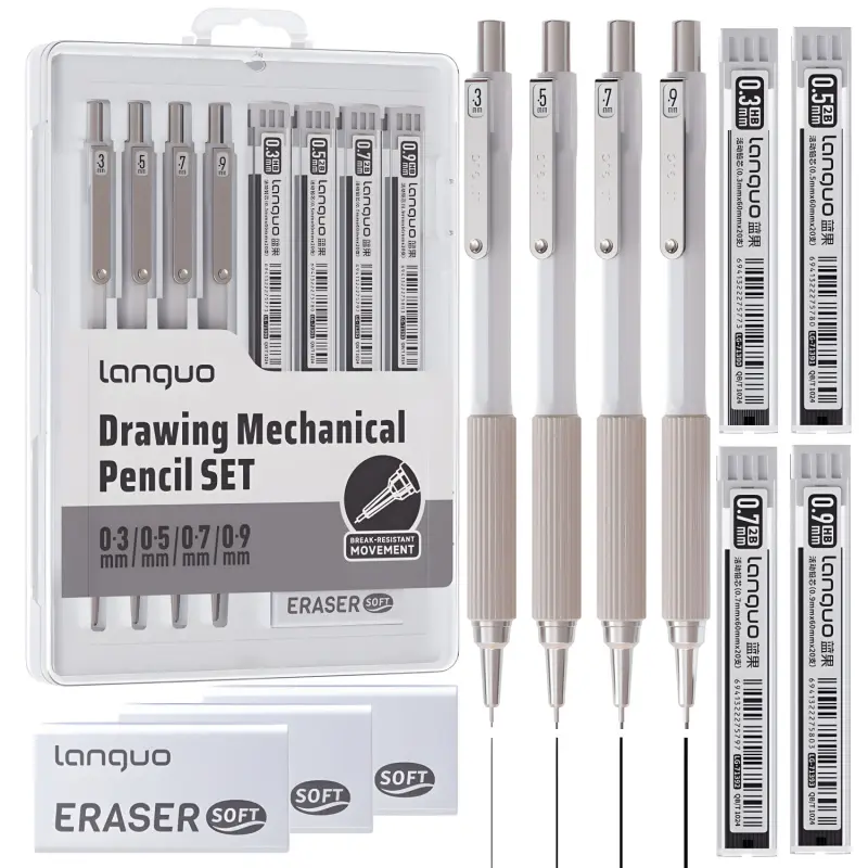 Metal Mechanical Pencil Set, Drawing Supplies, Retractable pen tip, Anti-break core, 4PCS Art Drafting Pencils 0.3, 0.5, 0.7, 0.9MM with 80PCS Leads Refills 3PCS Erasers Case for Writing Sketching Drawing Stationery Writing Tools