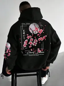 Men's Casual Floral Hoodie, Japanese Cherry Blossom Design, Comfortable Street Style Sweatshirt, Perfect for Daily Wear, Floral Hoodies