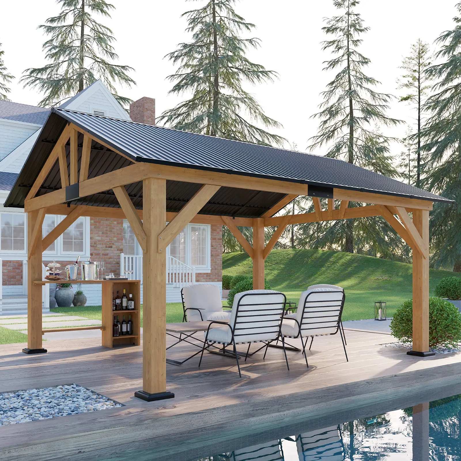 AMERLIFE 10*12FT Wood Gazebo, Outdoor Gazebo with Metal Steel Gable Roof, Hardtop Gazebo with Bar storage space for Garden, Patio