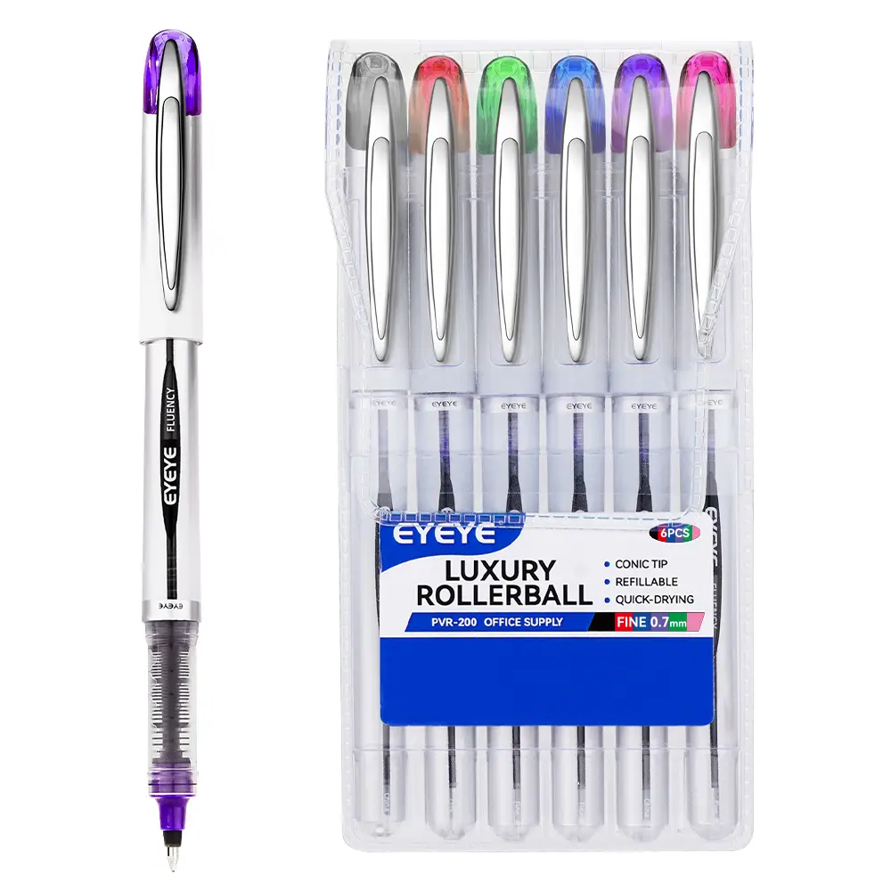 EYEYE PVR200 Rollerball Pen Set - 6 Assorted Colors, 0.7mm Medium Point, Quick-Dry Liquid Ink, Effortless Writing Office Stationery Supplies for Office Projects, Note-Taking,back to school,back to school haul