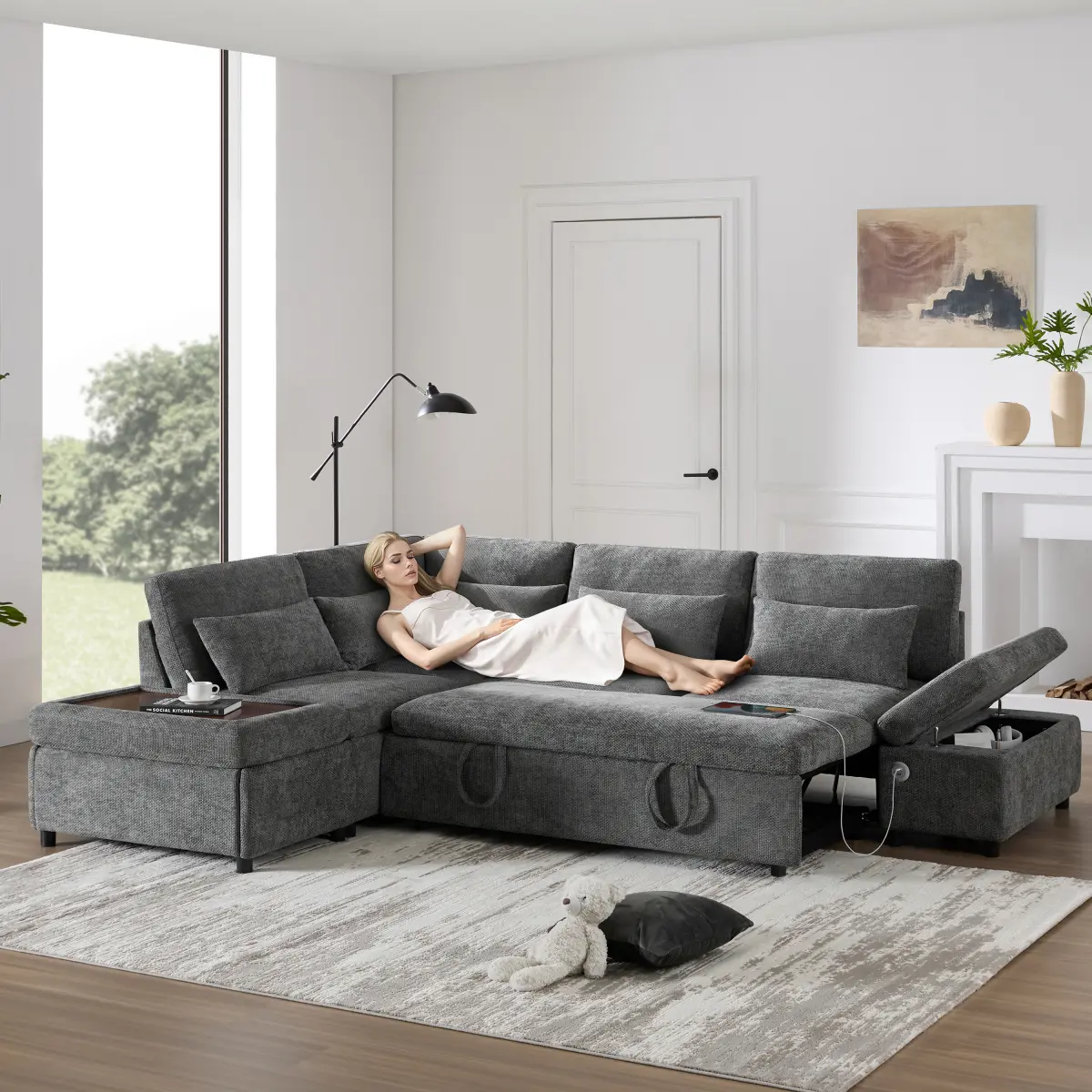 Aobtkel 107in L-Shaped Chenille Sofa Sectional Couch - Pull-Out Sleeper, Adjustable Armrest, USB-Type-C Charging, Free-Movement Storage Ottoman, Free Combination for Living Room WL#Summervibes (Adjustable Multi-Setting Sofas & Couches)