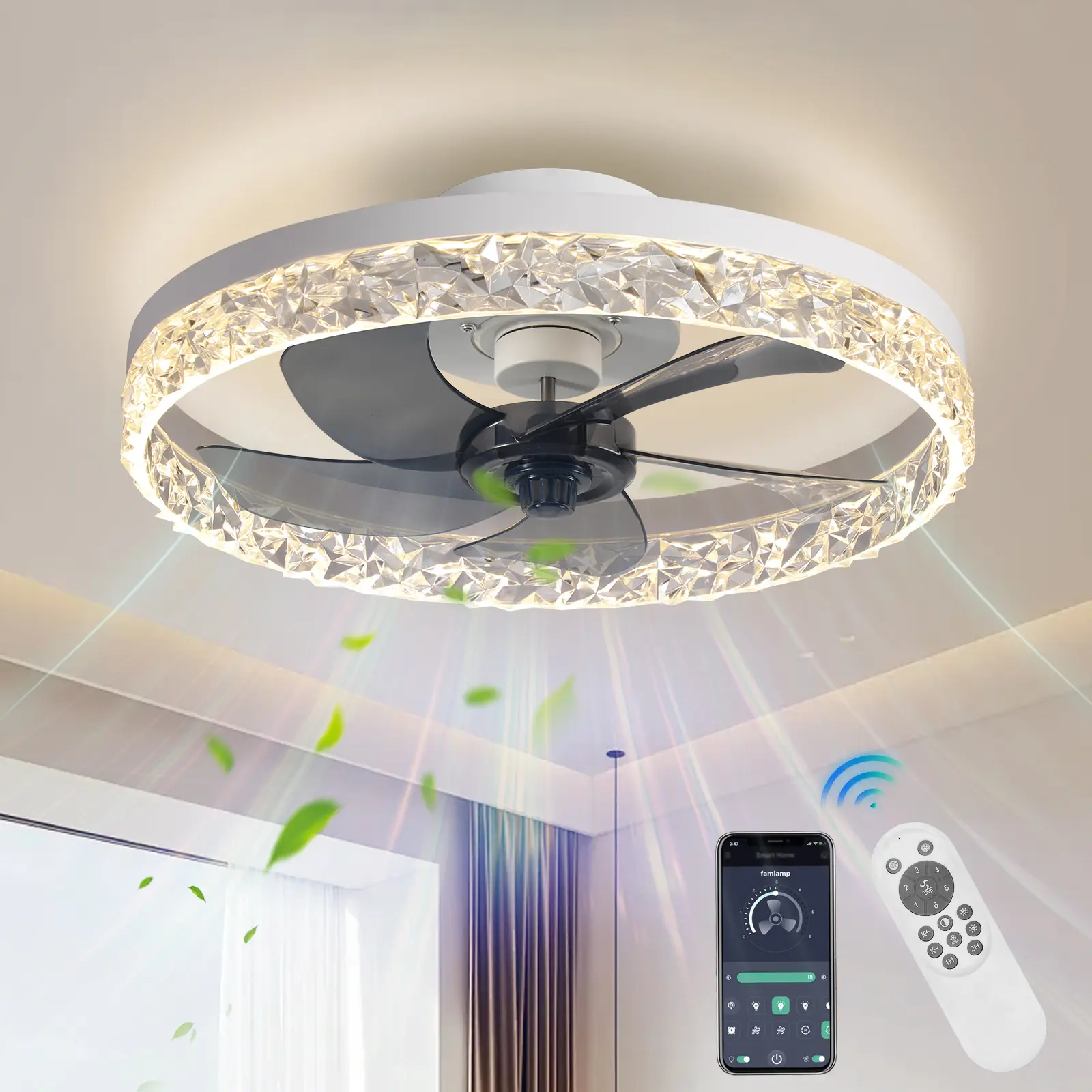 AHAWILL Crystal Ceiling Fans with Lights,Flush Mount Ceiling Fan with Remote,Low Profile,Reversible,Dimmable,White Black Fandelier for Bedroom