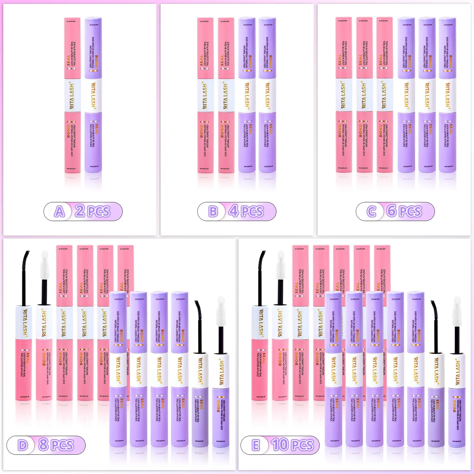 RITALASH Waterproof Eyelash Glue (10 Pcs), 2-in-1 Long-Lasting Lash Bond & Seal Glue, Sweat-Proof Cosmetic Eyelash Extension Glue for Fluffy Eyelashes Cluster, Waterproof Cluster Lash Glue Eyelash Adhesive, Eyelash Bonding Glue