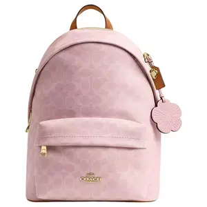 Coach Taylor 27 Logo-Printed Pendant Decorated Coated Canvas Backpack for Women, Large Size, Pink