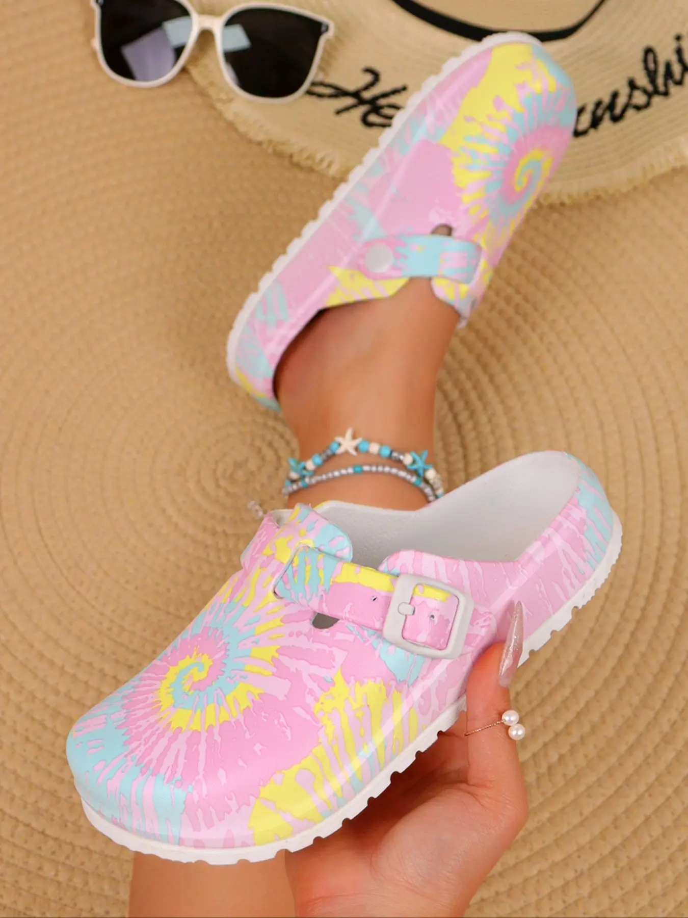 Women's Fashion Tie Dye Sandals, Eva Material, Adjustable Buckle, Comfortable Soft Sole, Suitable for Beach, Garden, Fall