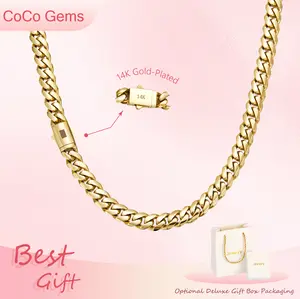 14K Gold Miami Cuban Link Chain Necklace – Vacuum Plated Stainless Steel with Black “S” Ear Clasp, 6-14MM Hip Hop Streetwear Jewelry for Men & Women, Italy Mexico Inspired, Luxury Daily Fashion Chain gift
